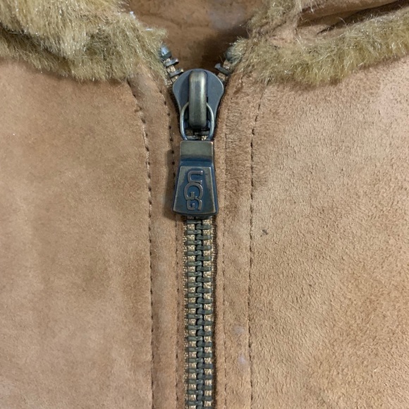 UGG Suede Shearling Fur Bomber Zipper Hood Jacket - Picture 3 of 5